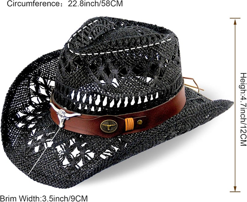 Foeran Men's Women's Straw Cowboy Hat Cowgirl Woven Sun Hat Western Cowboy Hat Two Decorative Bands - Image 5